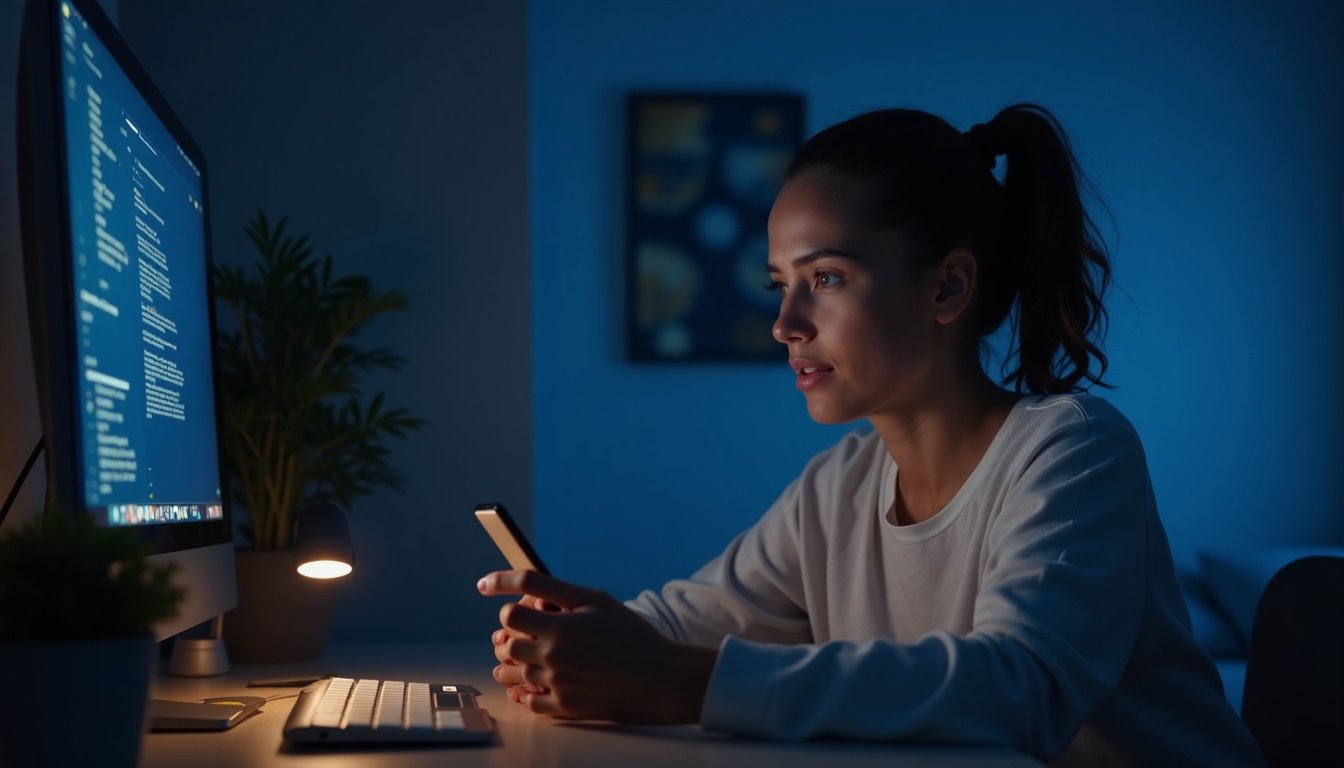 smartphone moderno mostrando interfaz holográfica de asistente IA con iconos de cámara, batería y rendimiento en pantalla flotante