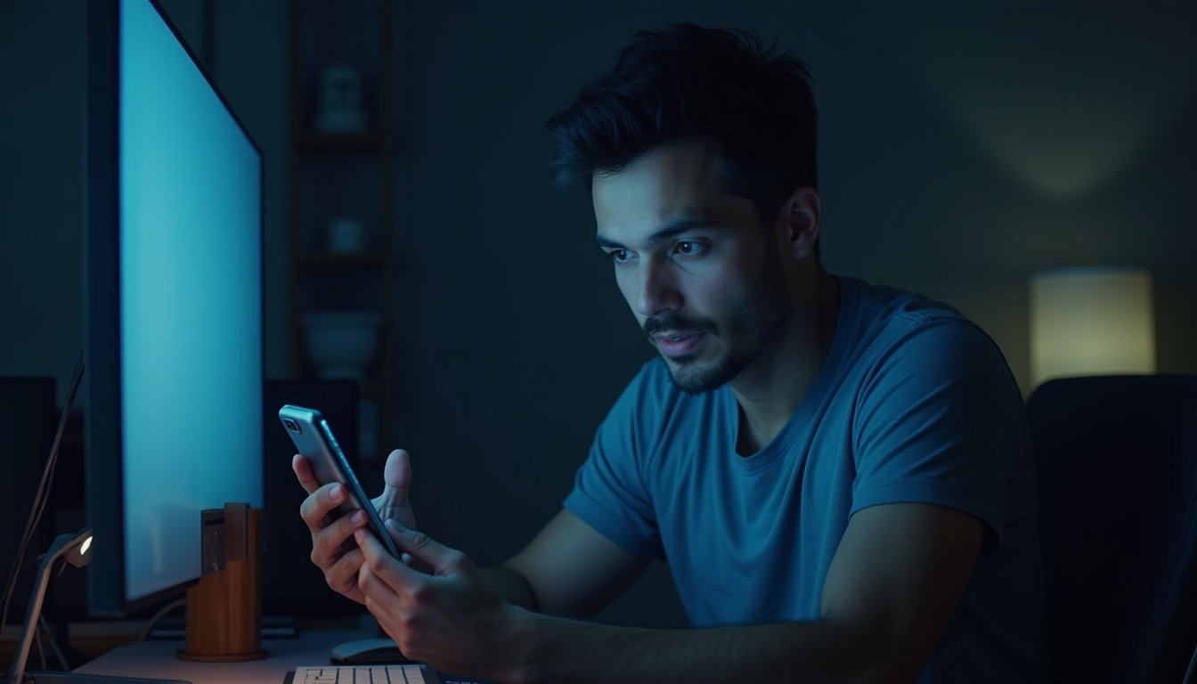 smartphone moderno mostrando interfaz holográfica de asistente virtual con iconos de inteligencia artificial en entorno futurista