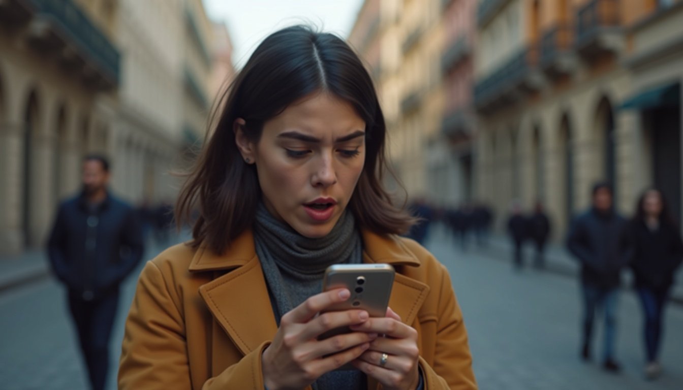 Teléfono Android moderno mostrando pantalla con interfaz futurista y fondo con degradado tecnológico azul y morado
