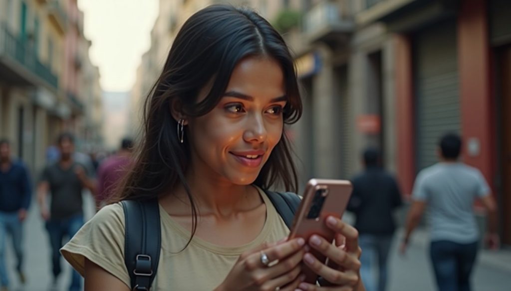 Smartphone Android moderno con interfaz holográfica mostrando apps de IA en pantalla curva y fondo futurista