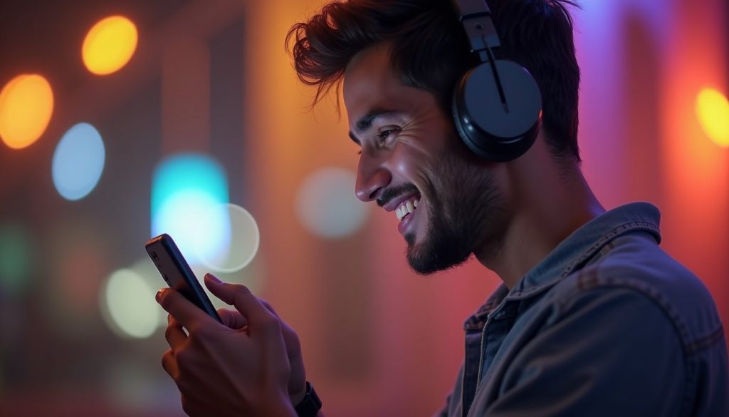 teléfono móvil mostrando pantalla con iconos de apps populares sobre fondo colorido con degradado azul y morado